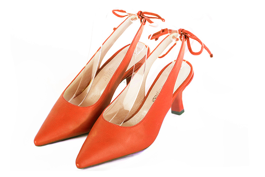Handcrafted women's comfortable and elegant slingback heels in premium clementine orange leather. Medium spool heels. Pointed toe. Perfect for women's wedding guest heels, or elevated everyday style. 
                Choose from our luxurious collections of leather and fabric to perfectly match your heels to your outfits.